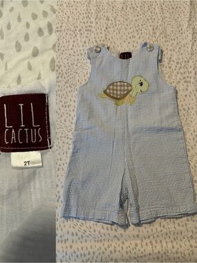 Lil Cactus Turtle Applique Shortalls | Boys 2T